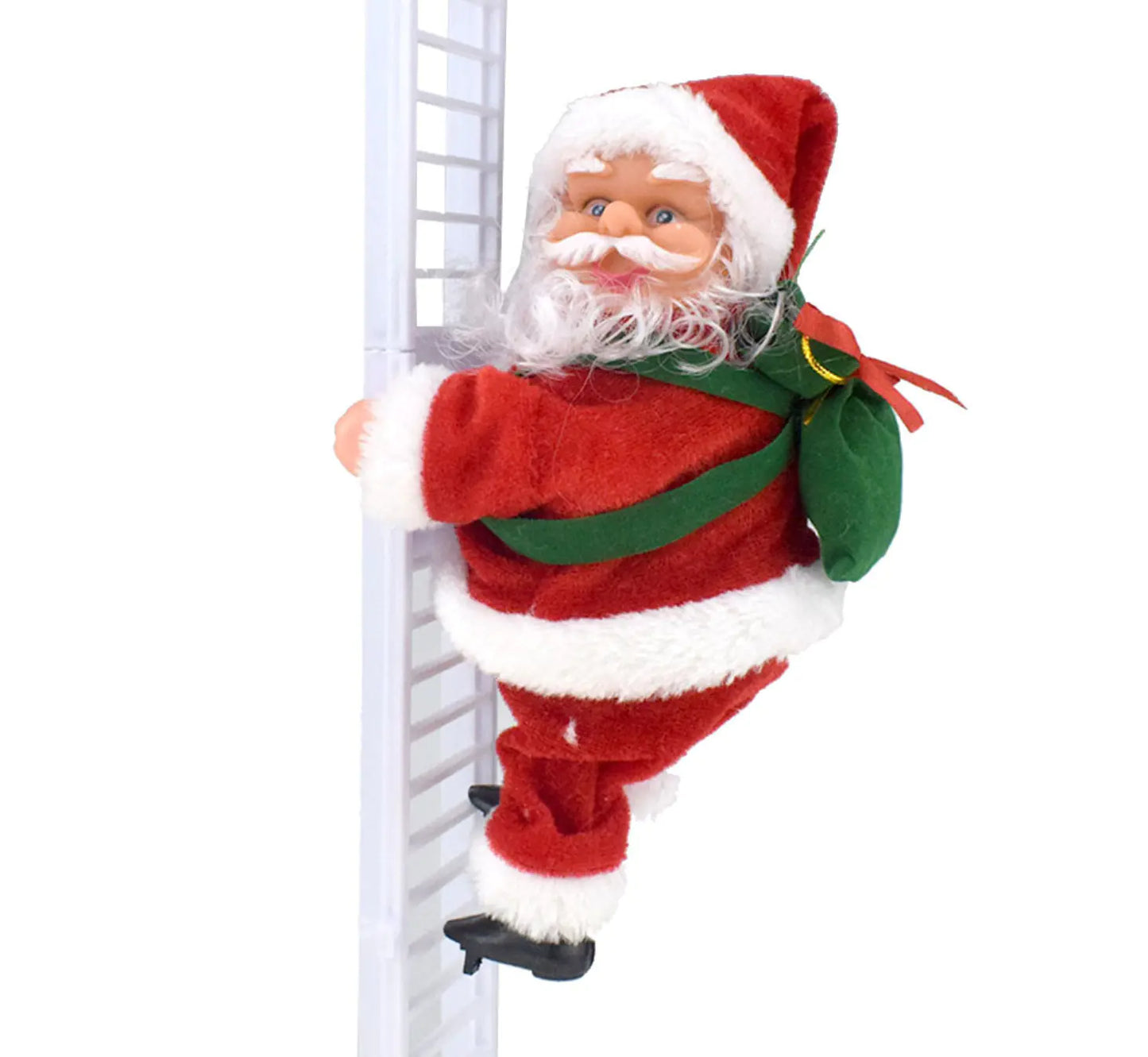 Santa Claus doll climbing a ladder on a white background