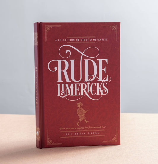 Red book titled 'Rude Limericks' on a light surface with a light gray background