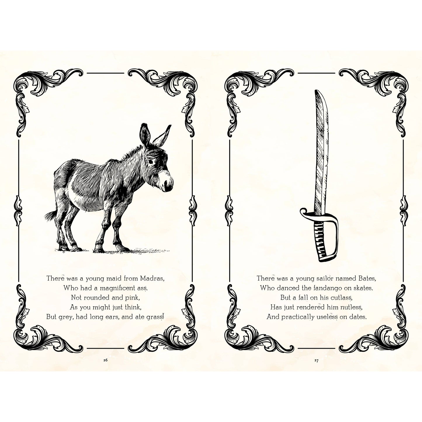 Illustration of a donkey and a sword with decorative frames and text on a beige background