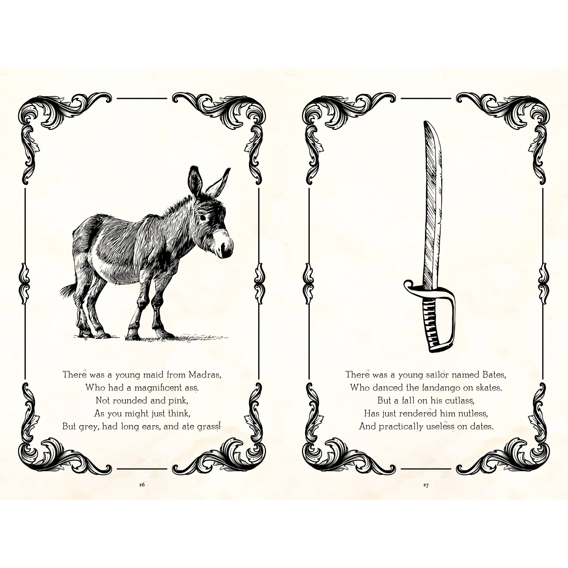 Illustration of a donkey and a sword with decorative frames and text on a beige background