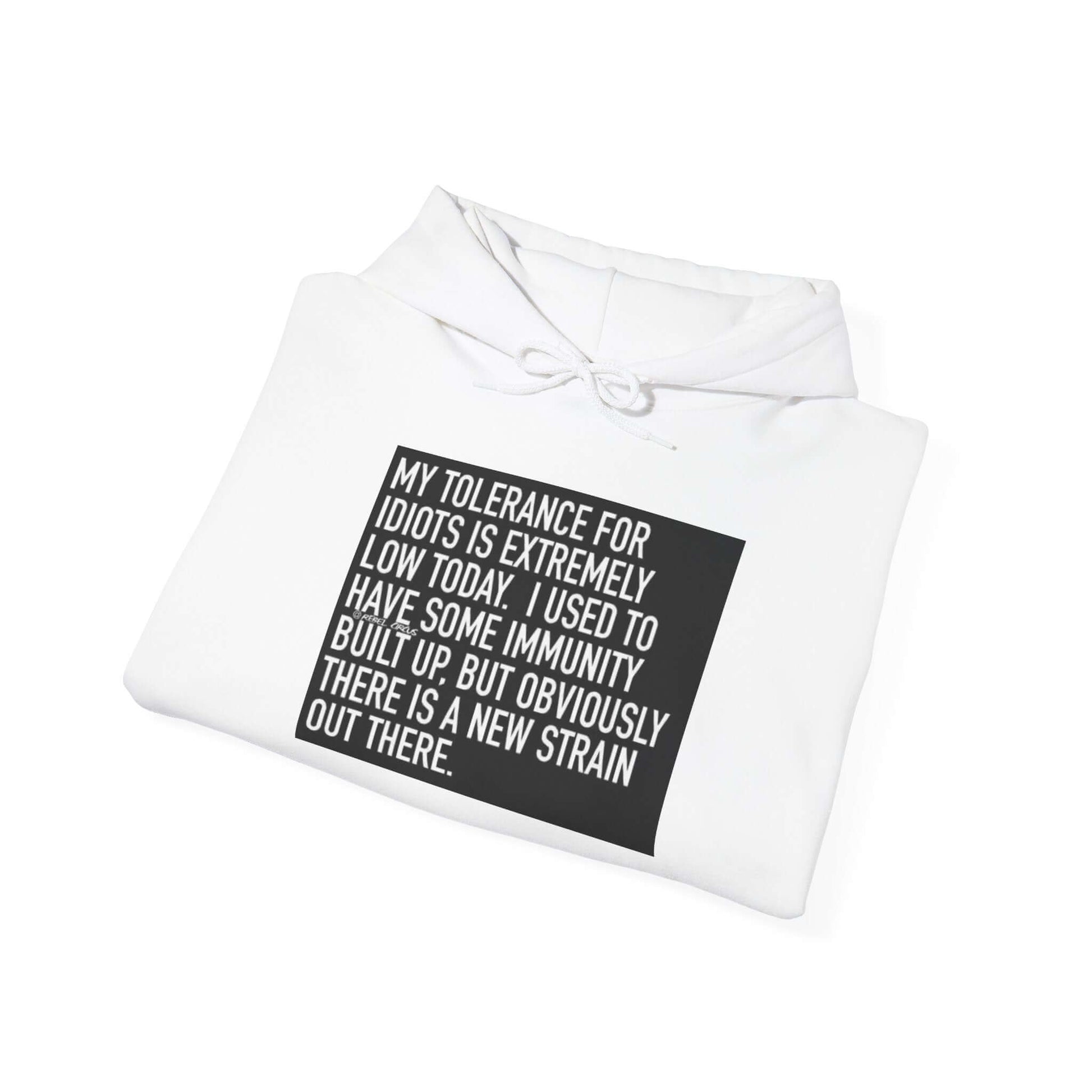 White hoodie with a black text graphic on a white background
