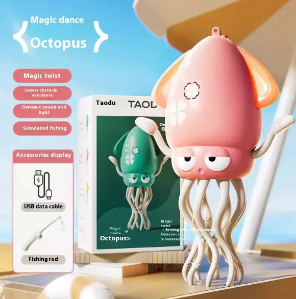 Pink octopus-shaped device with packaging and accessories on a beach background