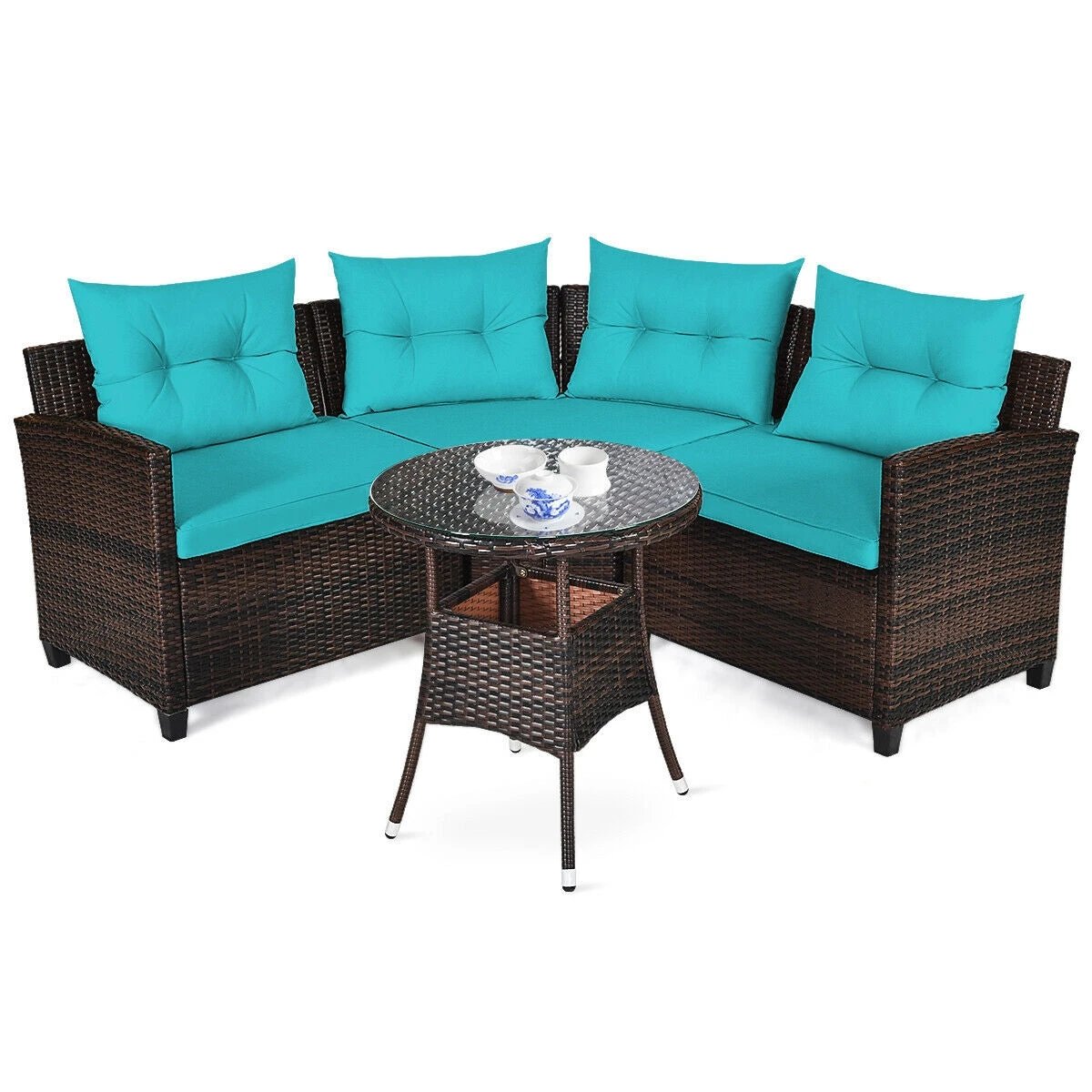4 Pieces Outdoor Cushioned Rattan Furniture Set-Turquoise by DirectDeals