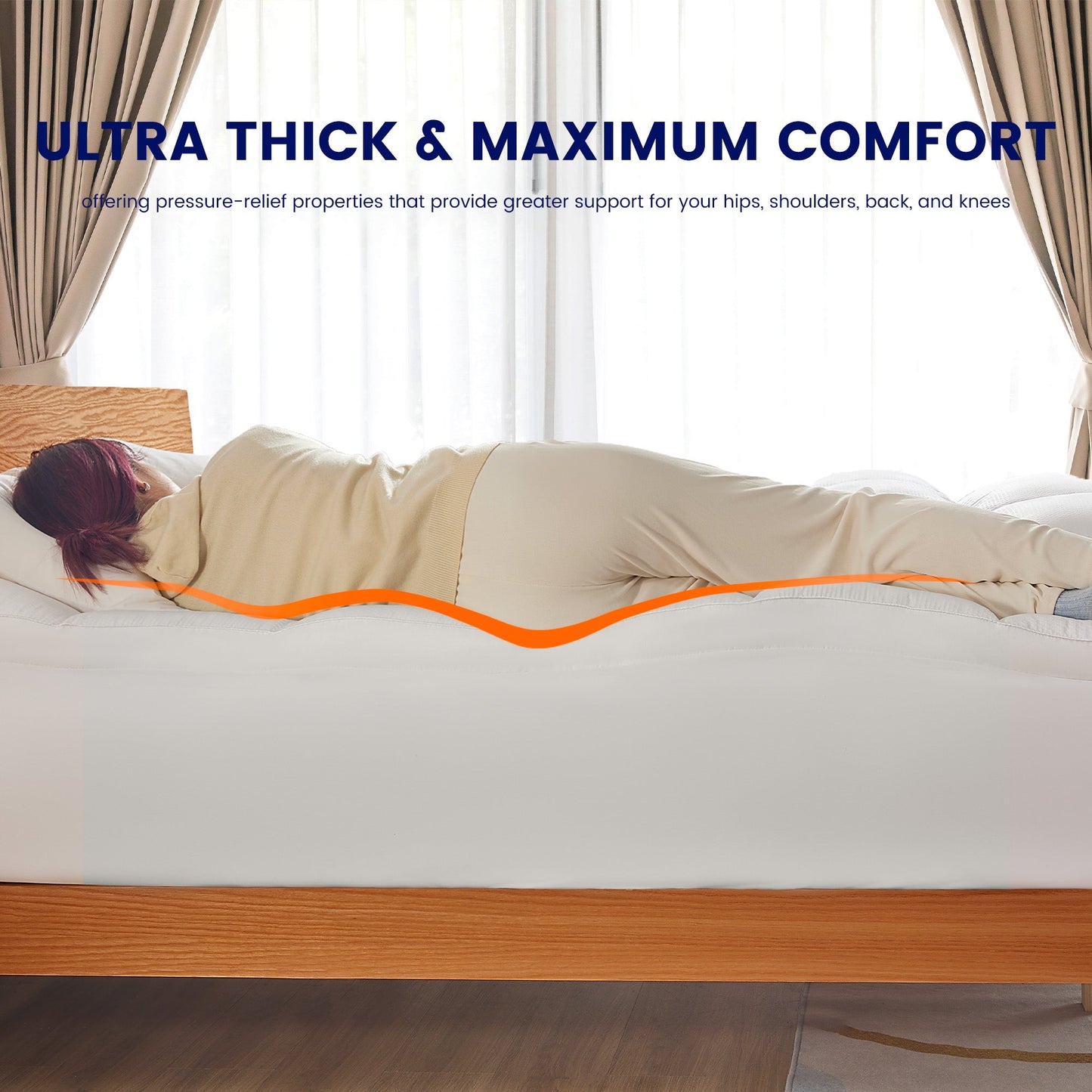 Person lying on a bed with an ultra-thick mattress topper, text indicating comfort and support.