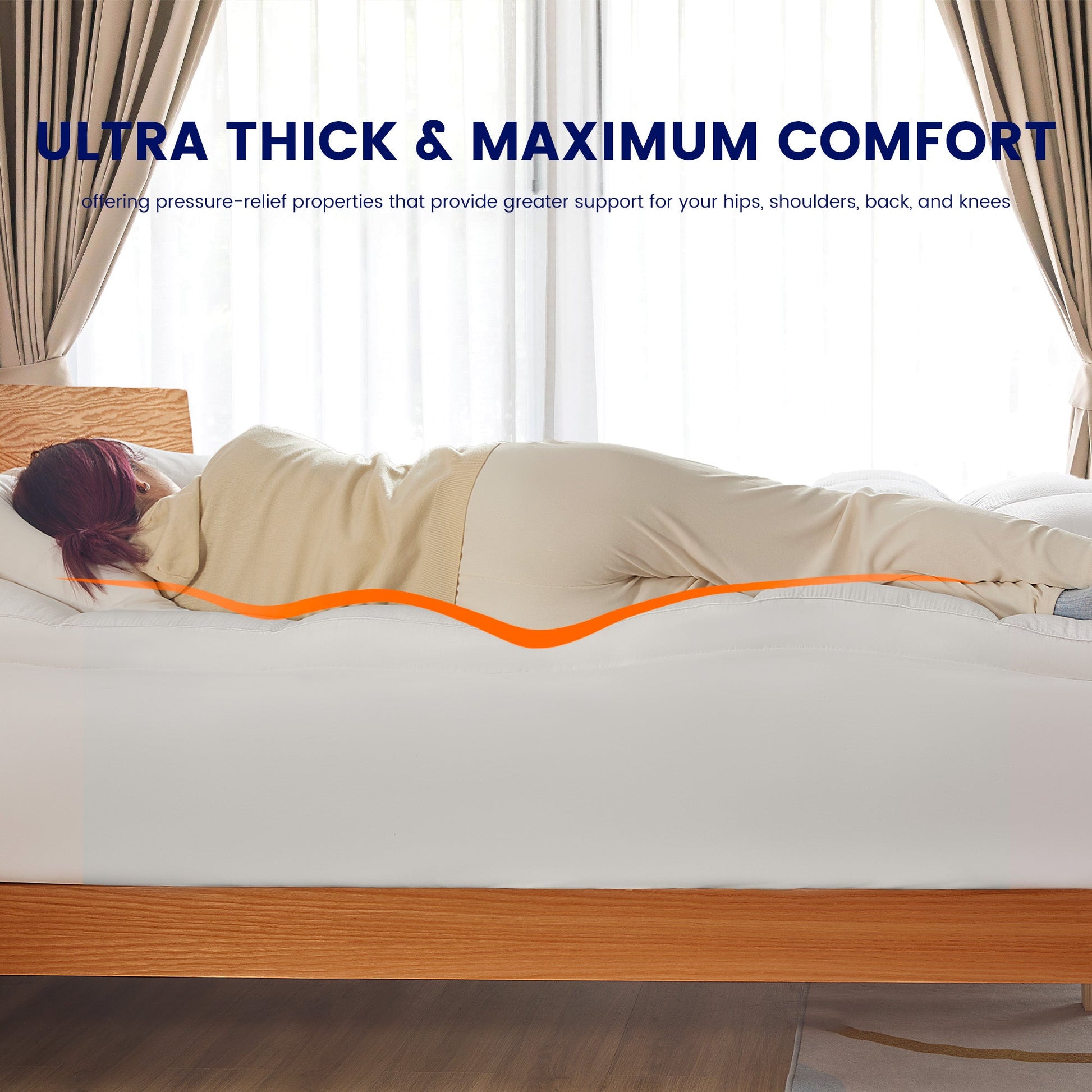 Person lying on a bed with an ultra-thick mattress topper, text indicating comfort and support.