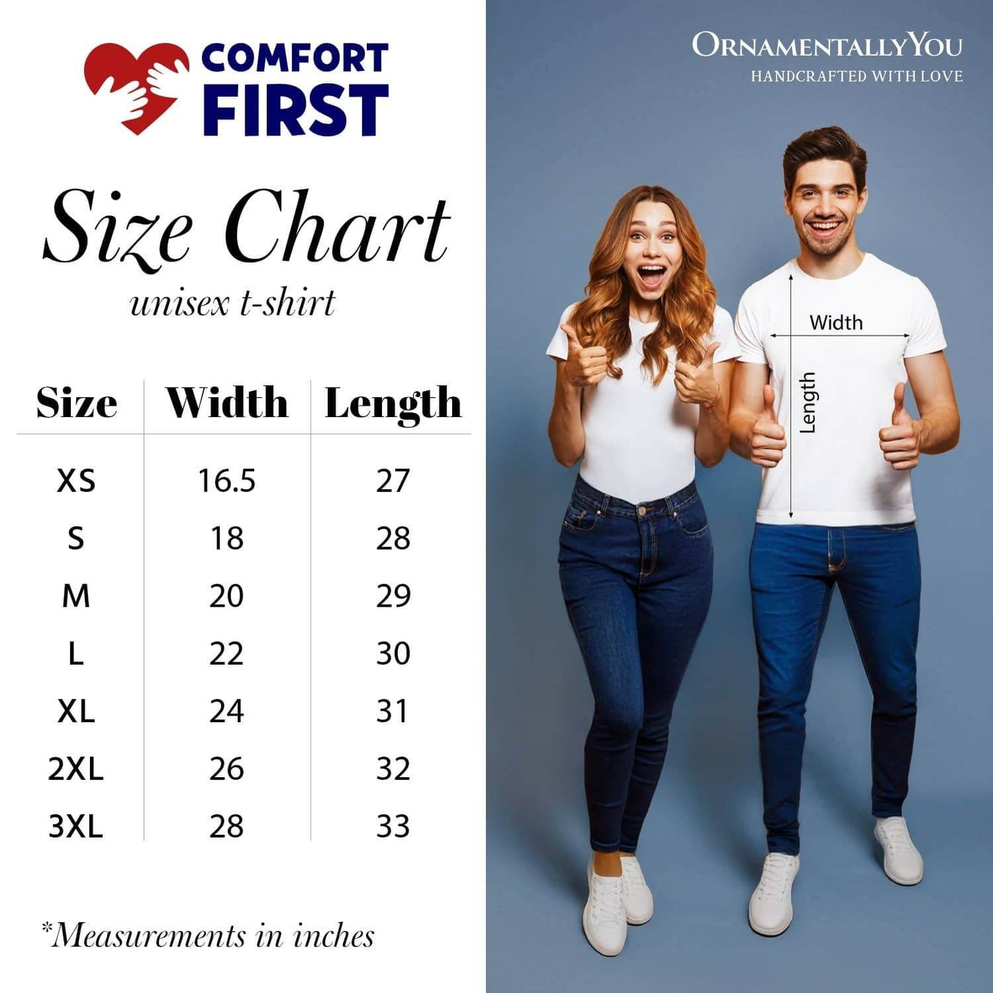 Size chart for unisex t-shirts with two people showing a t-shirt and measurement guide.