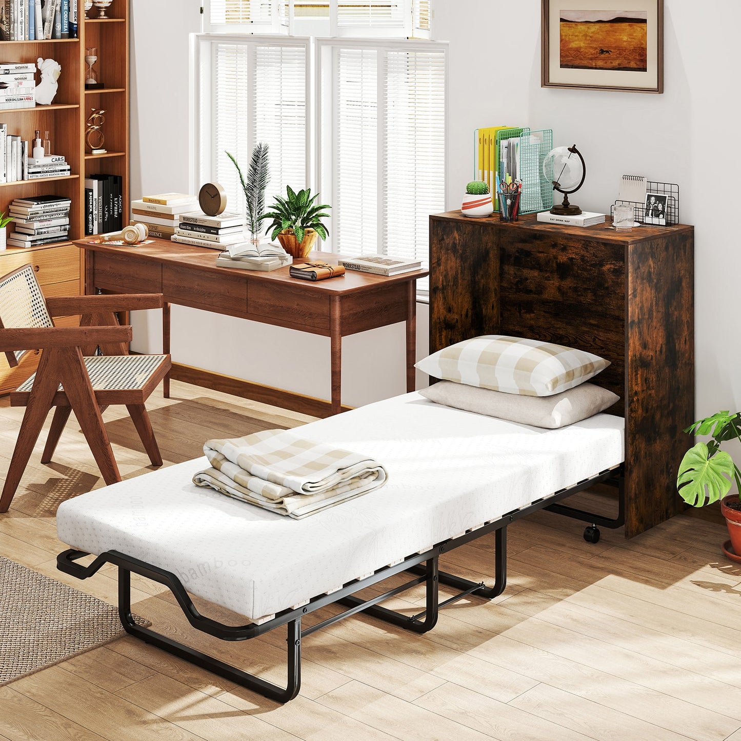 Cot Size Murphy Bed with Foldable Bed and Lockable Wheels-Rustic Brown