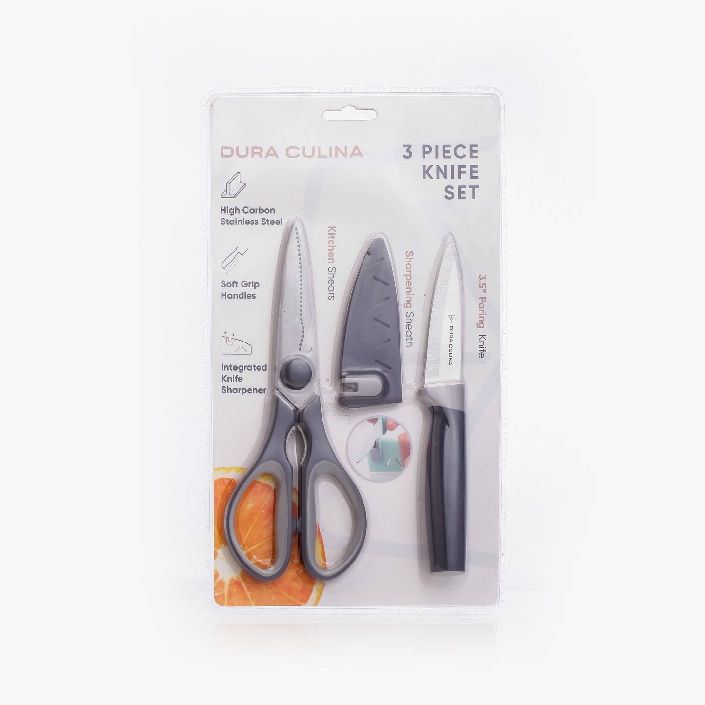 3 Piece Kitchen Knife Set - Paring Knife, Blade Guard with Built in Sharpener, and Multi Purpose Shears-0