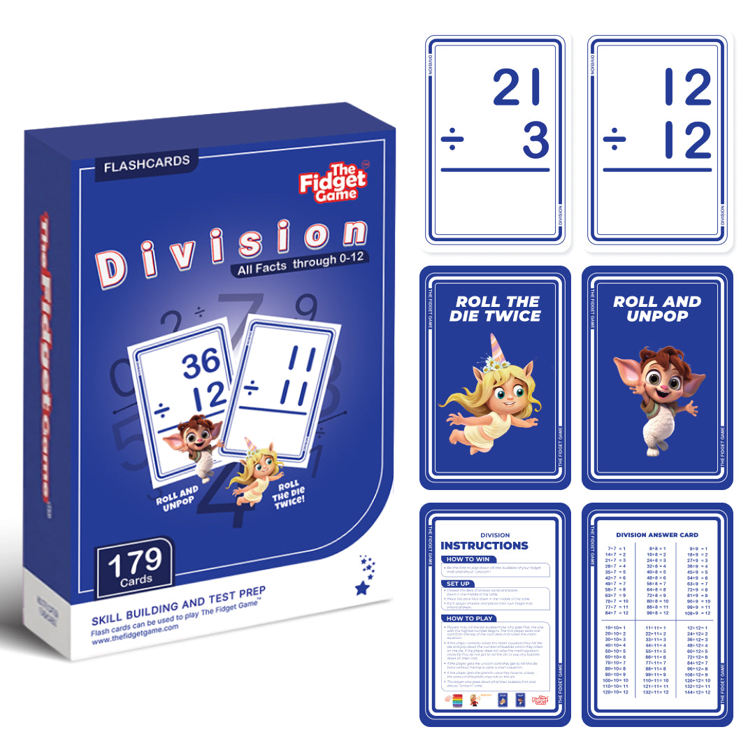 Division flashcards with game box and cards on a white background