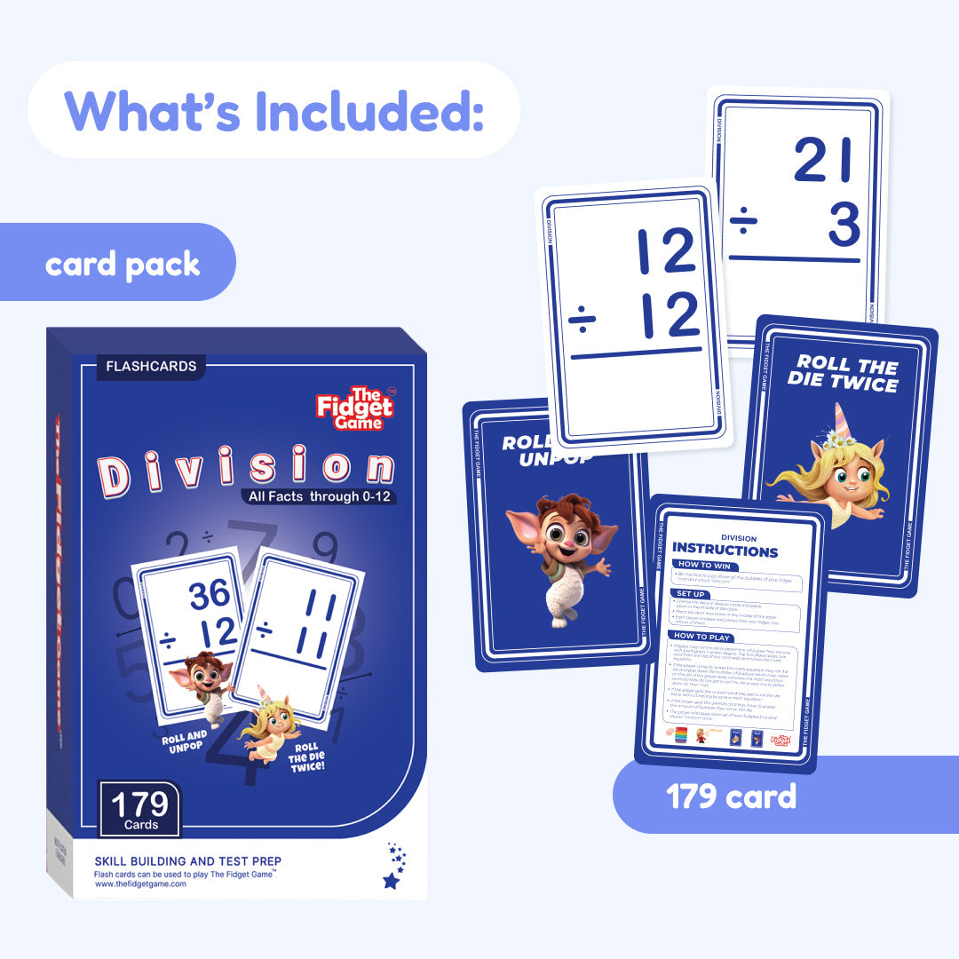 Division flashcards with packaging and cards displayed on a light blue background