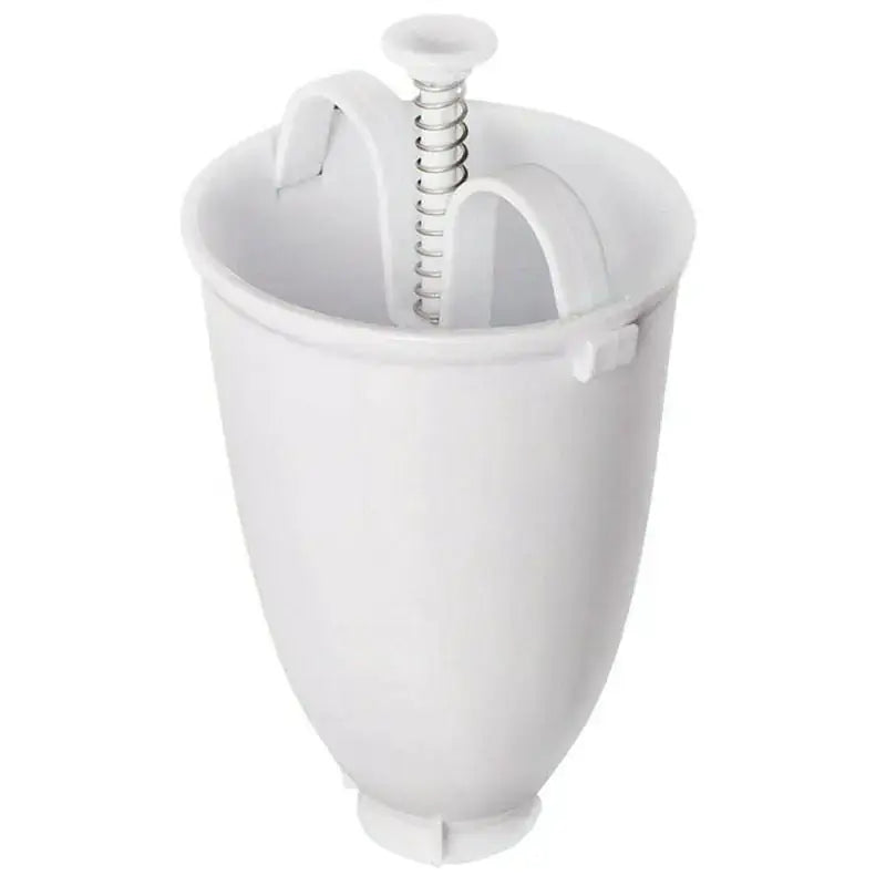 White kitchen tool with a handle and spring mechanism on a white background