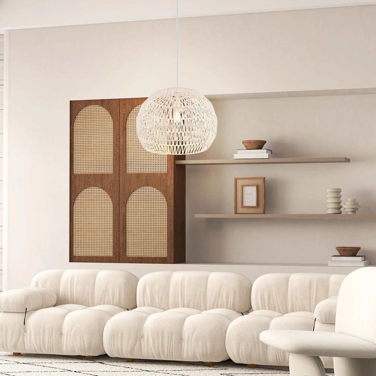 Round Farmhouse Rattan Pendant Lights with Adjustable Hanging Rope-Beige by DirectDeals