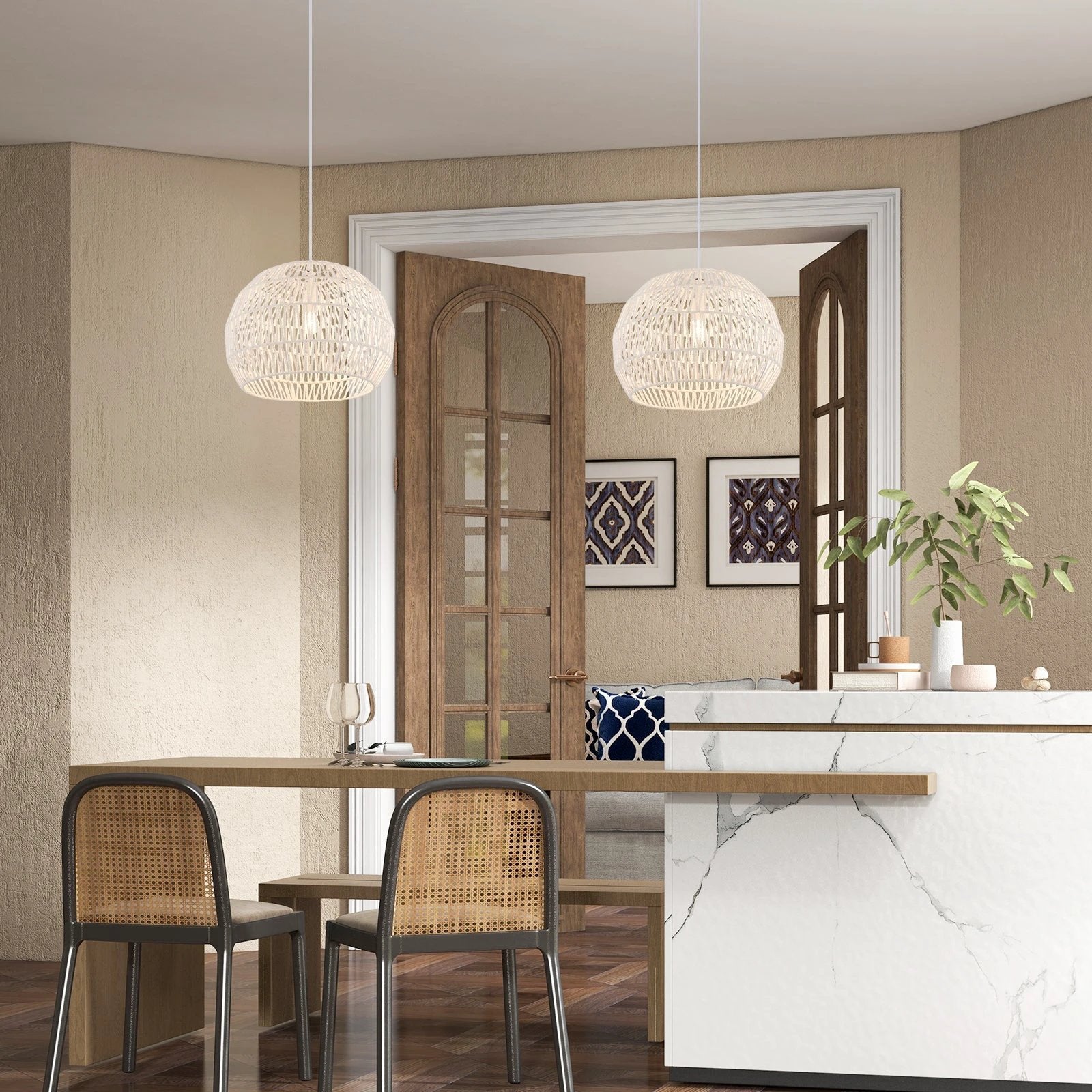 Round Farmhouse Rattan Pendant Lights with Adjustable Hanging Rope-Beige by DirectDeals