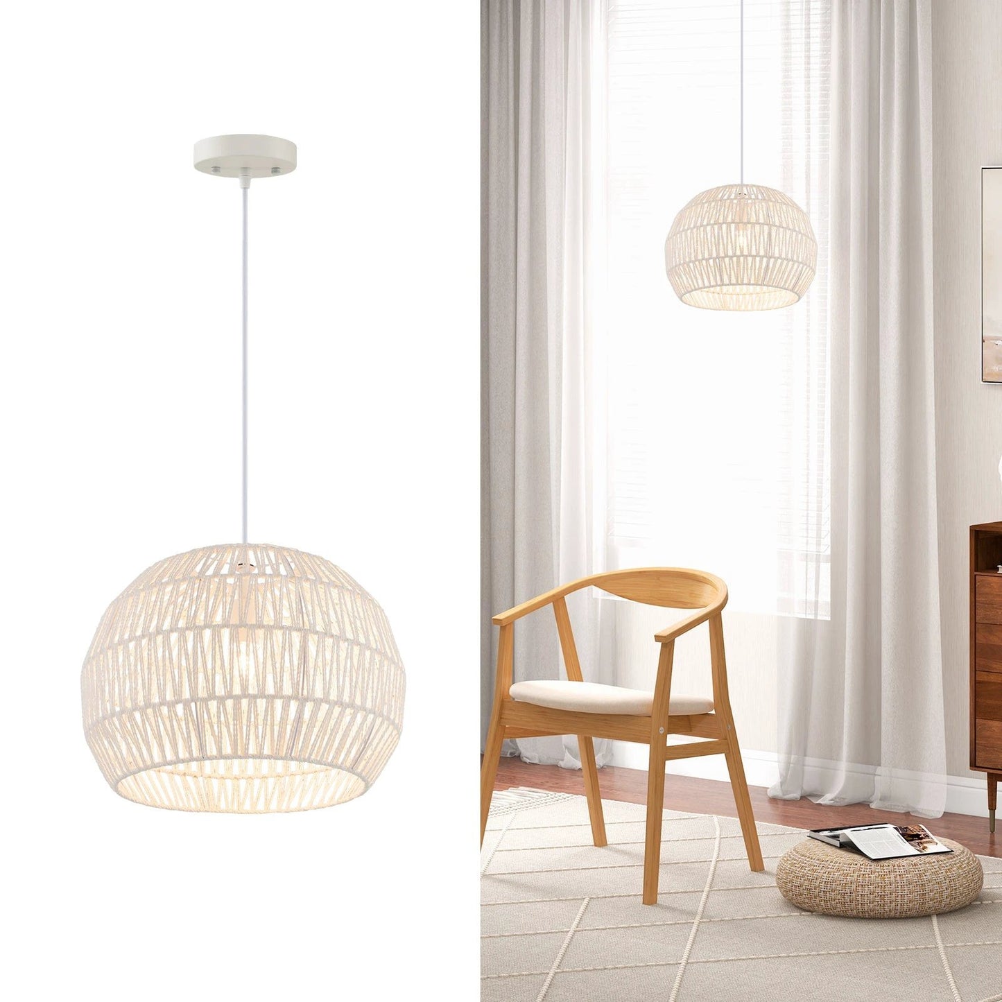 Round Farmhouse Rattan Pendant Lights with Adjustable Hanging Rope-Beige by DirectDeals