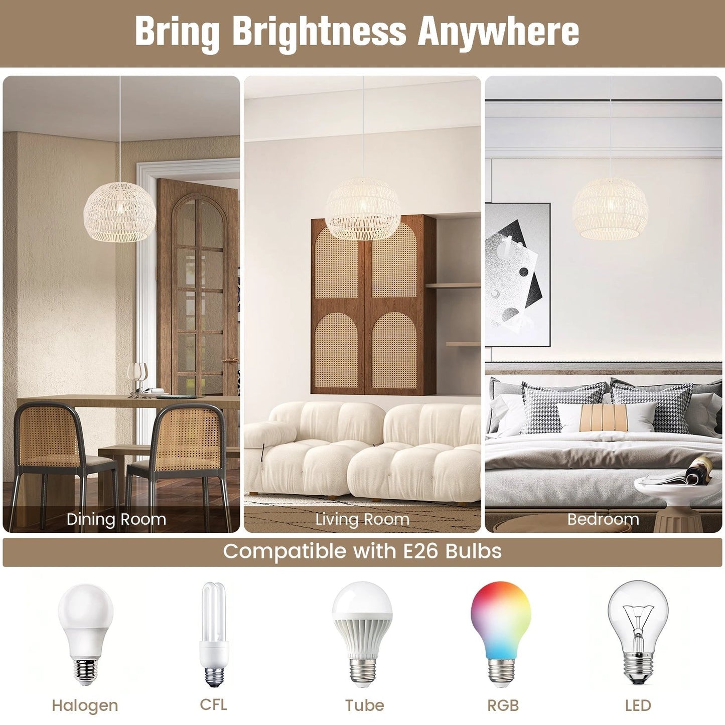 Round Farmhouse Rattan Pendant Lights with Adjustable Hanging Rope-Beige by DirectDeals