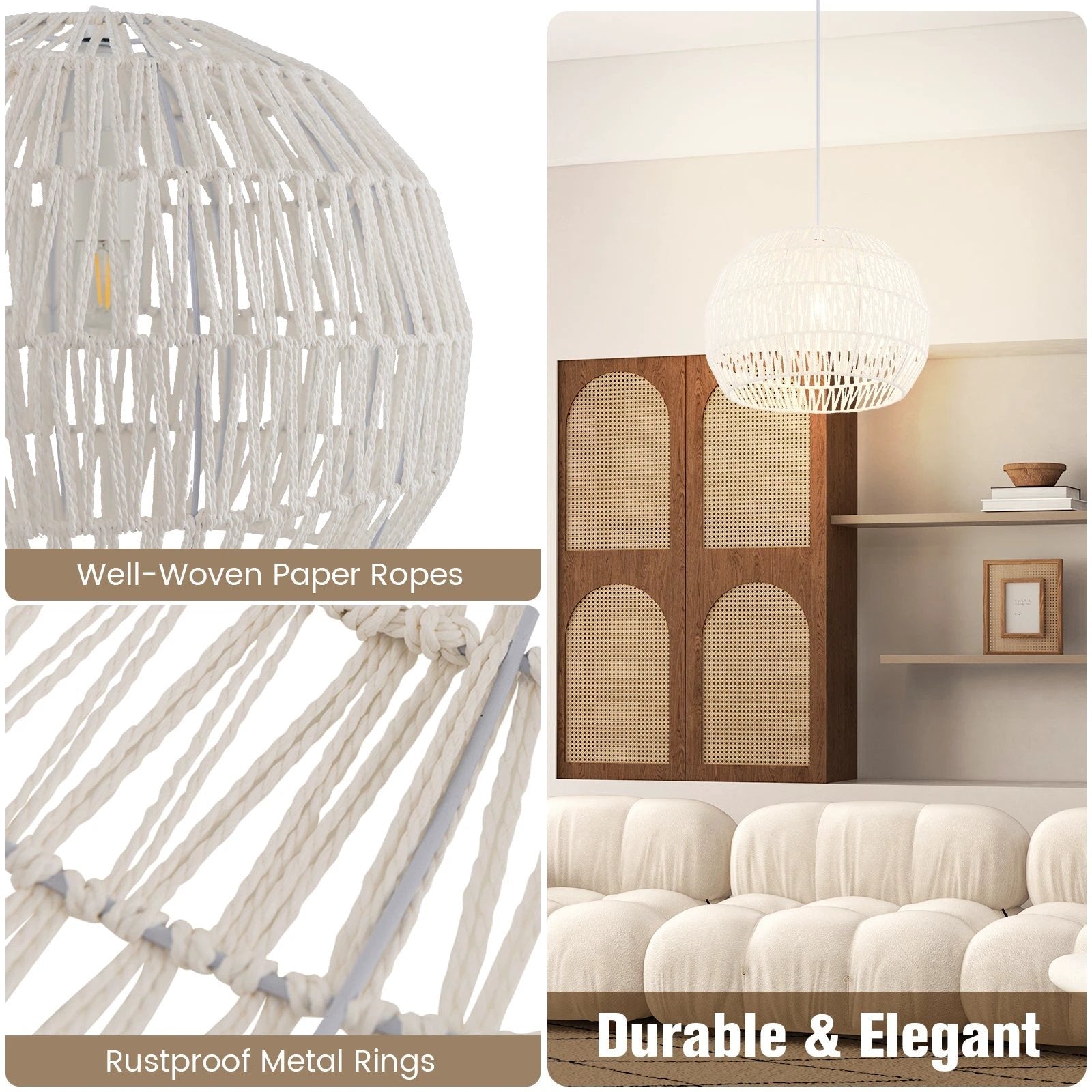 Round Farmhouse Rattan Pendant Lights with Adjustable Hanging Rope-Beige by DirectDeals