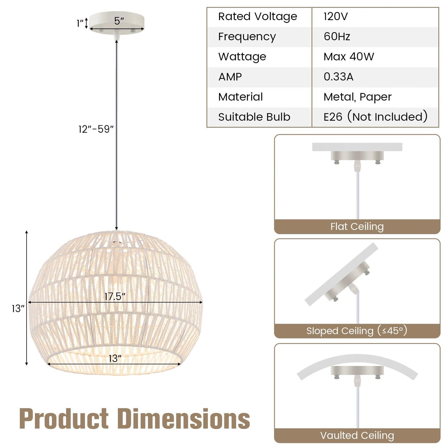 Round Farmhouse Rattan Pendant Lights with Adjustable Hanging Rope-Beige by DirectDeals