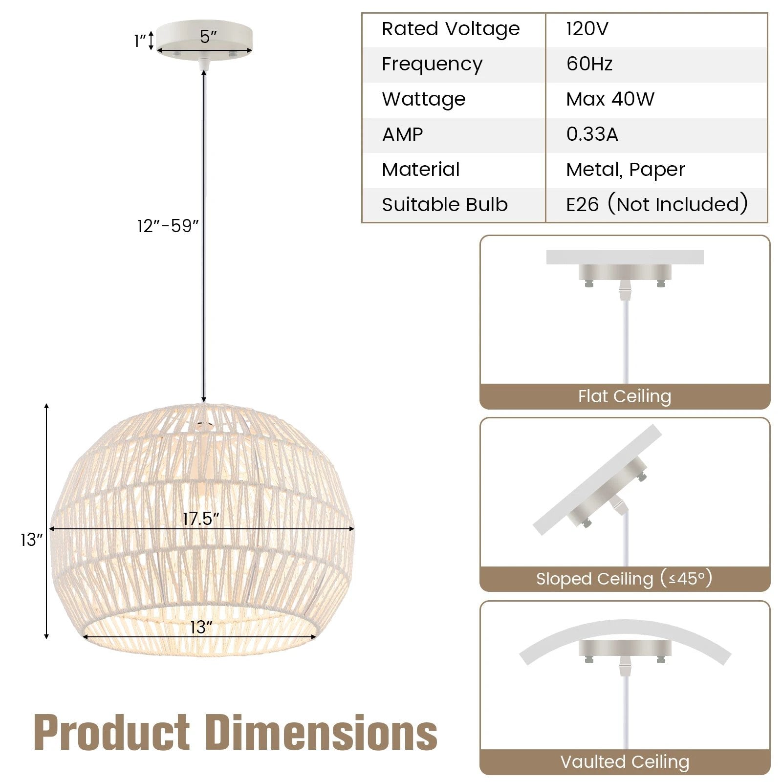 Round Farmhouse Rattan Pendant Lights with Adjustable Hanging Rope-Beige by DirectDeals