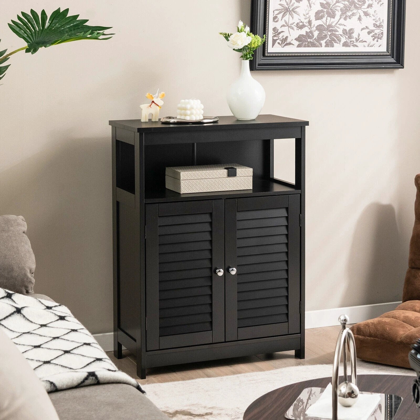 Wood Freestanding Bathroom Storage Cabinet with Double Shutter Door-Black by DirectDeals