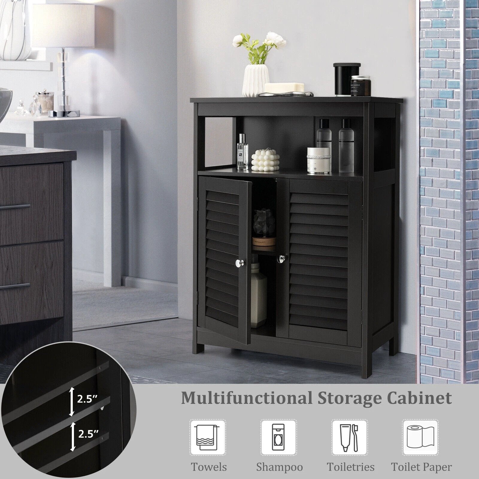 Wood Freestanding Bathroom Storage Cabinet with Double Shutter Door-Black by DirectDeals