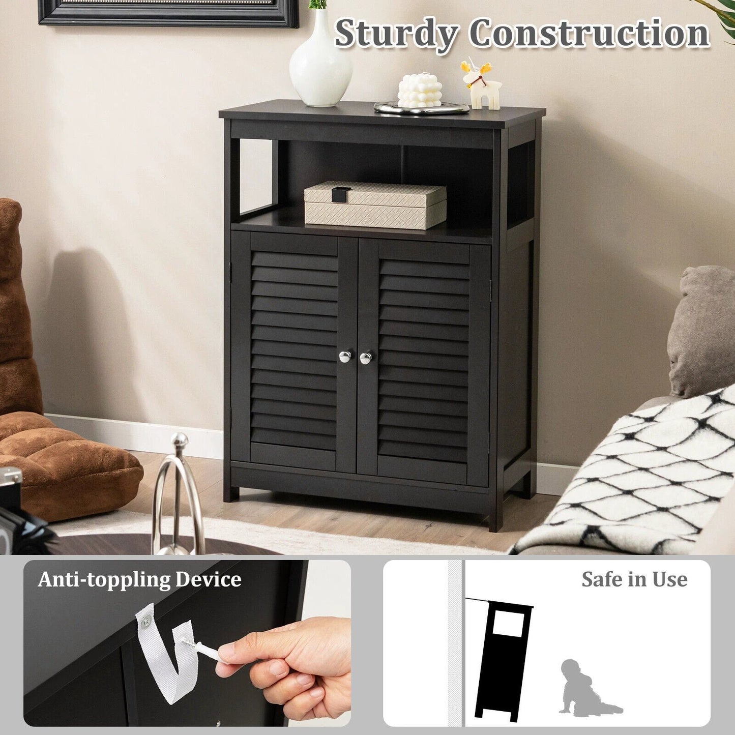 Wood Freestanding Bathroom Storage Cabinet with Double Shutter Door-Black by DirectDeals
