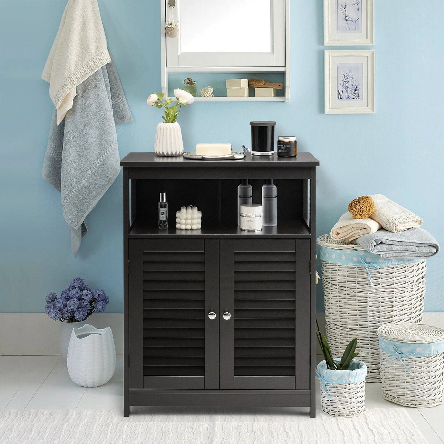 Wood Freestanding Bathroom Storage Cabinet with Double Shutter Door-Black by DirectDeals