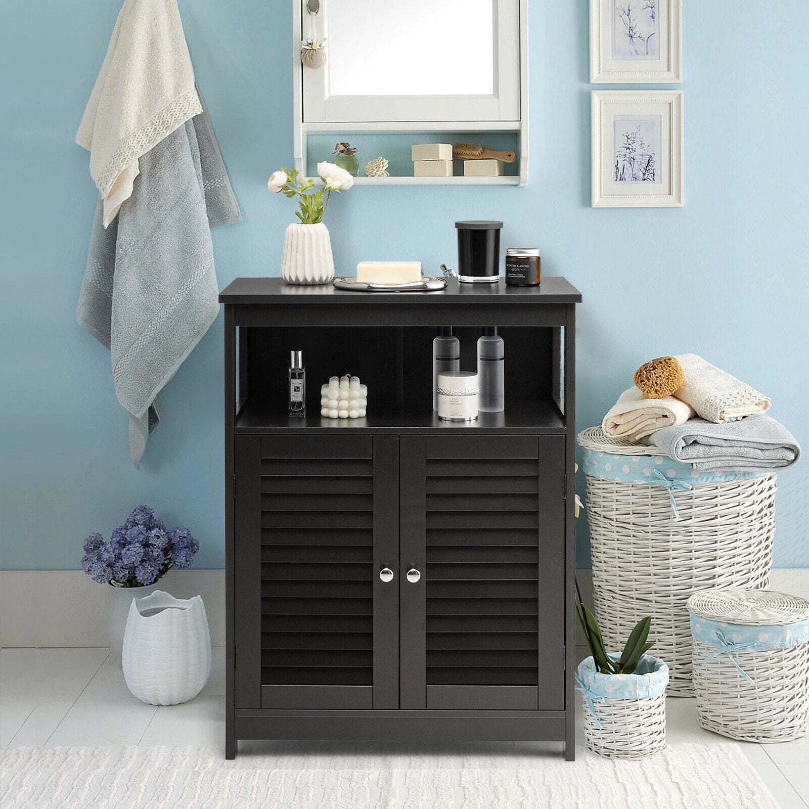 Wood Freestanding Bathroom Storage Cabinet with Double Shutter Door-Black by DirectDeals