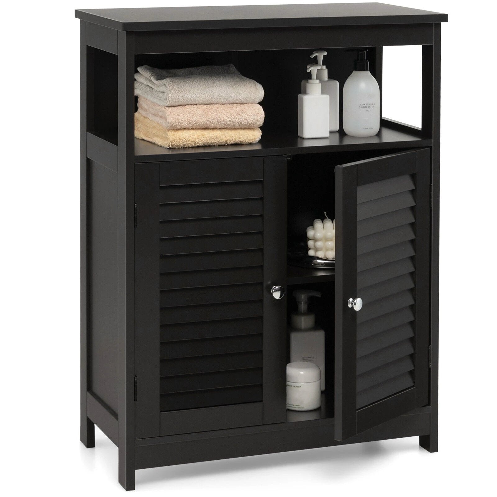 Wood Freestanding Bathroom Storage Cabinet with Double Shutter Door-Black by DirectDeals