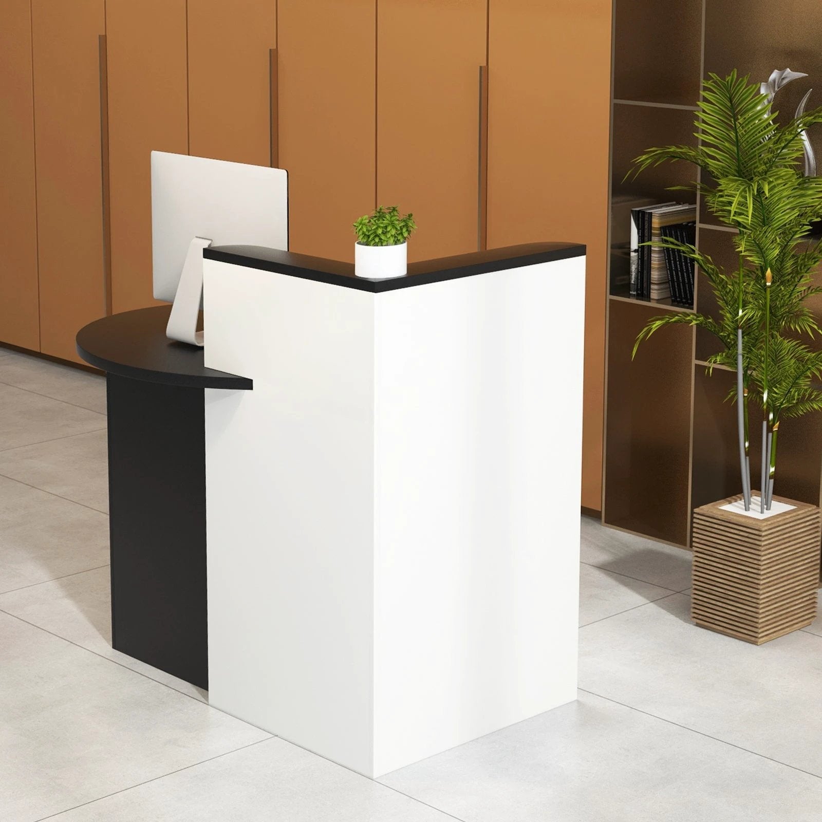 Front Reception Office Desk with Open Shelf and Lockable Drawer-Black & White by DirectDeals