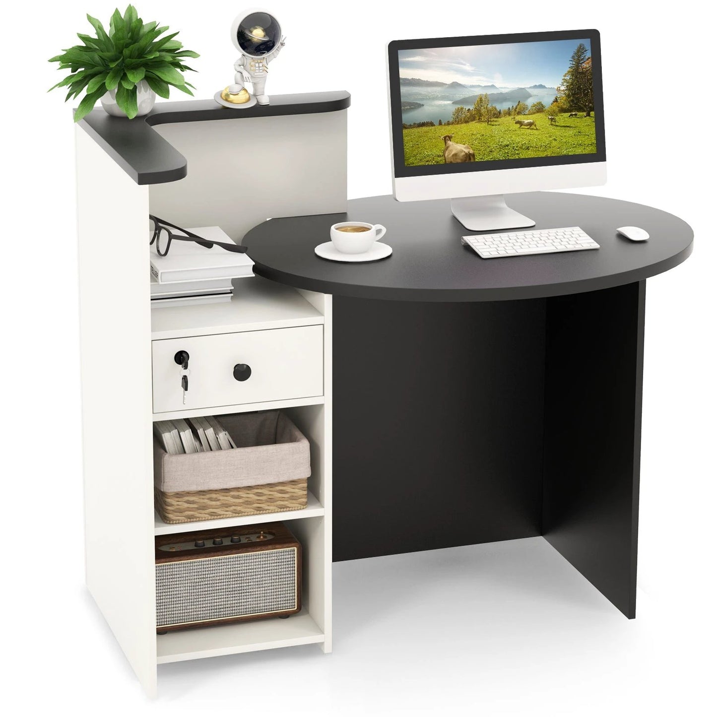 Front Reception Office Desk with Open Shelf and Lockable Drawer-Black & White by DirectDeals