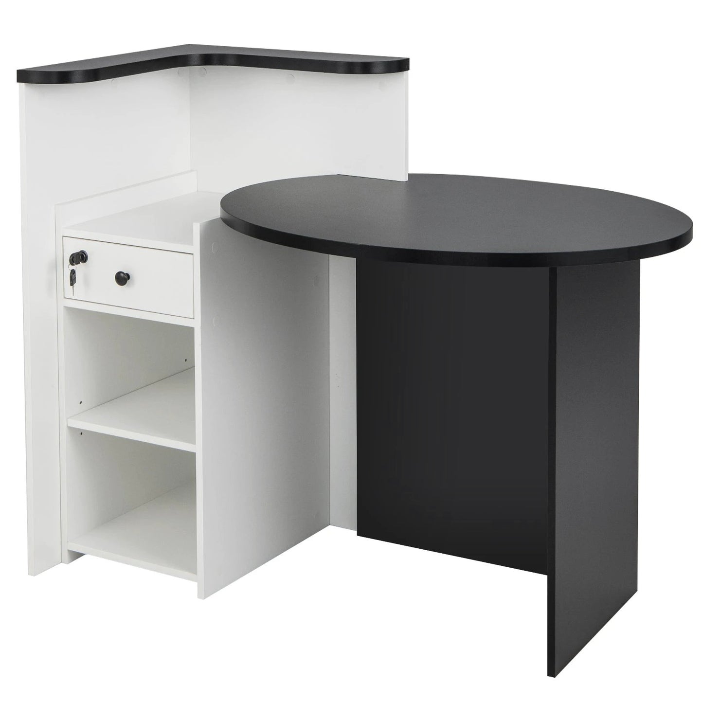 Front Reception Office Desk with Open Shelf and Lockable Drawer-Black & White by DirectDeals
