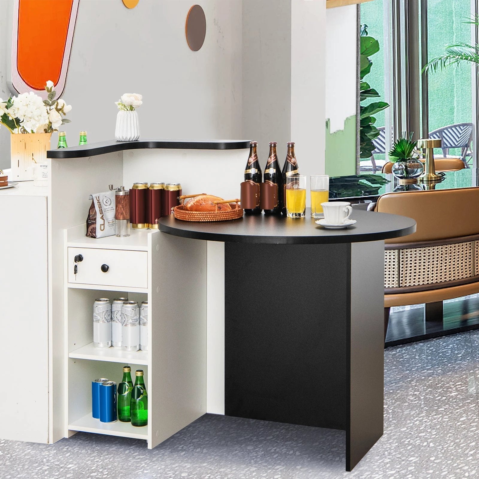 Front Reception Office Desk with Open Shelf and Lockable Drawer-Black & White by DirectDeals