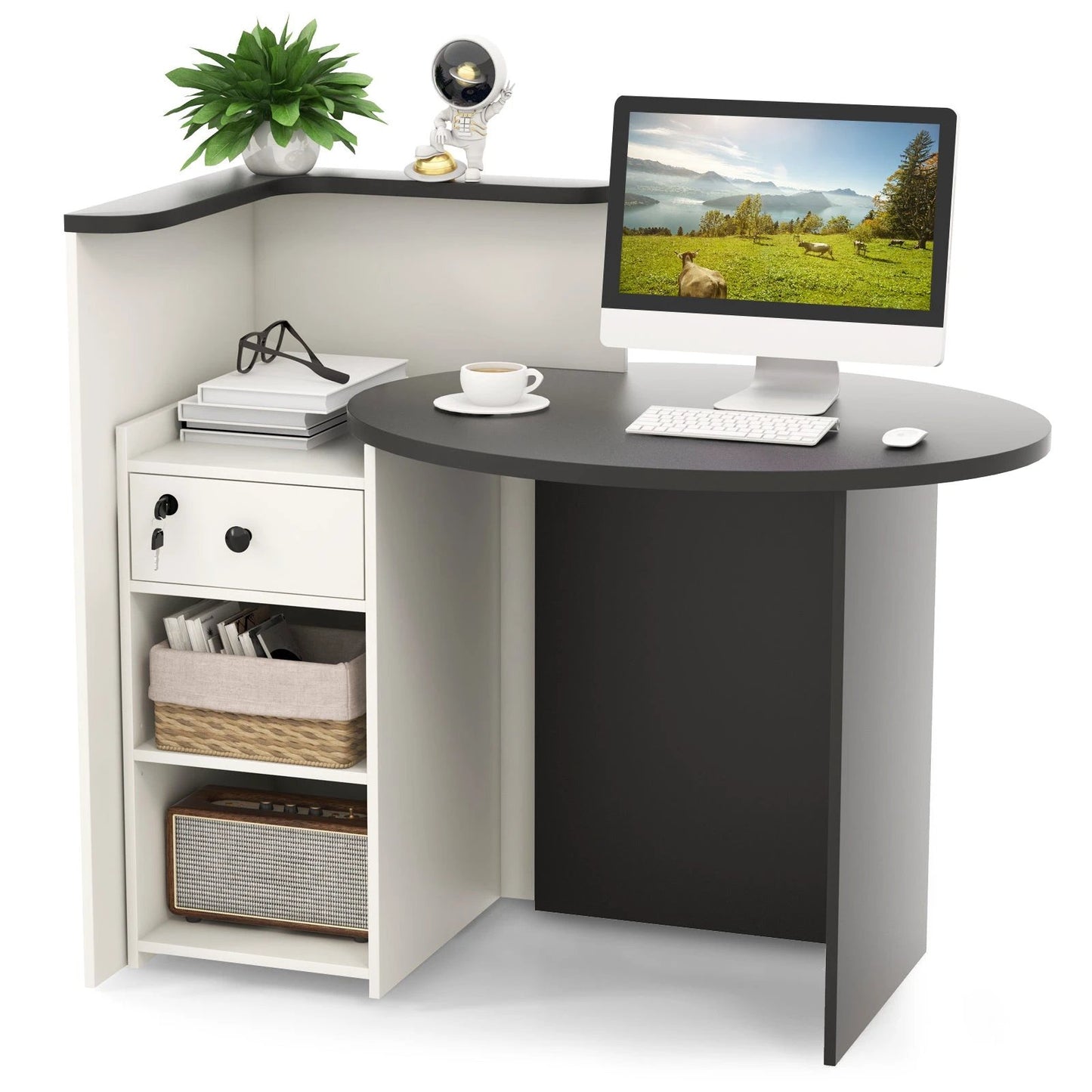 Front Reception Office Desk with Open Shelf and Lockable Drawer-Black & White by DirectDeals
