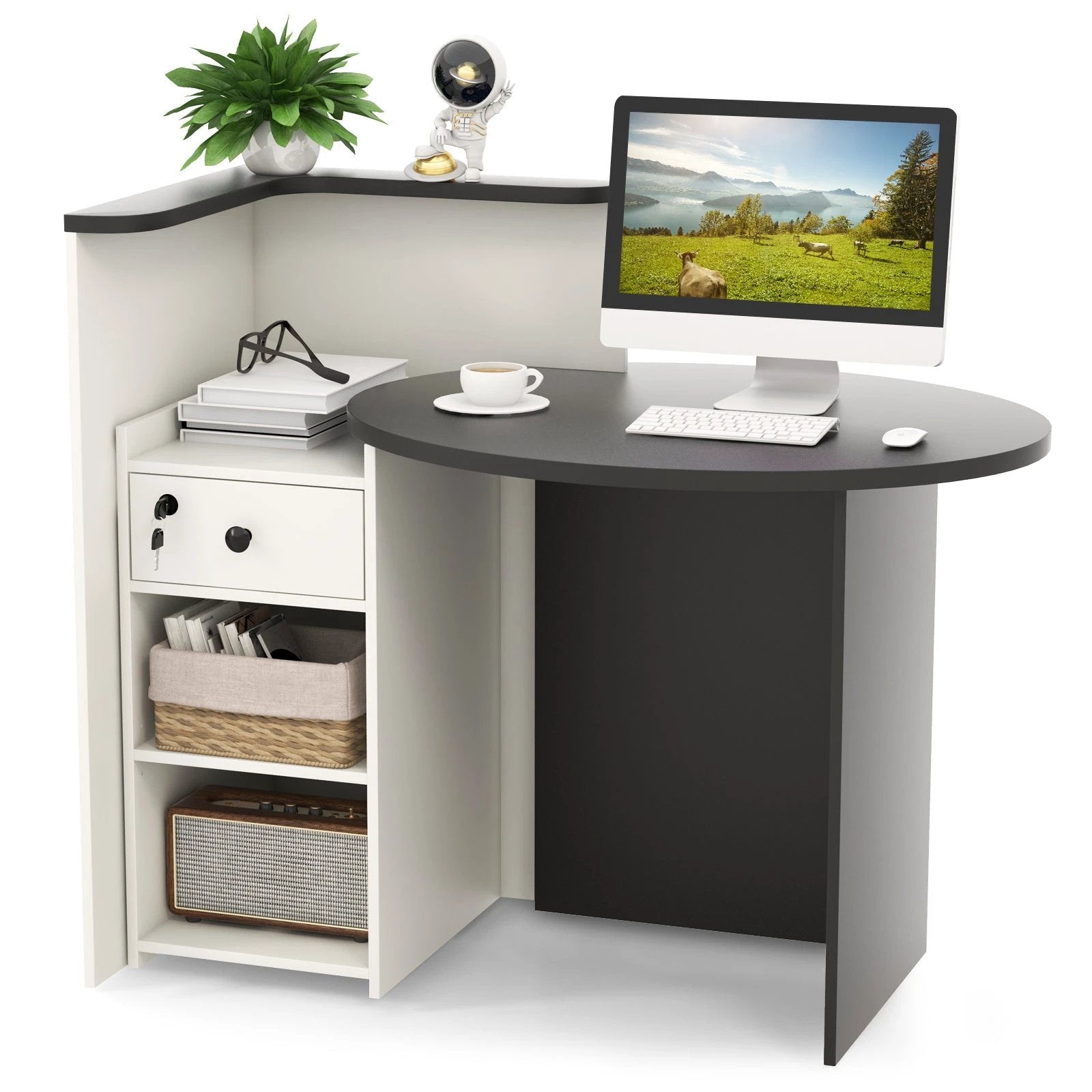 Front Reception Office Desk with Open Shelf and Lockable Drawer-Black & White by DirectDeals