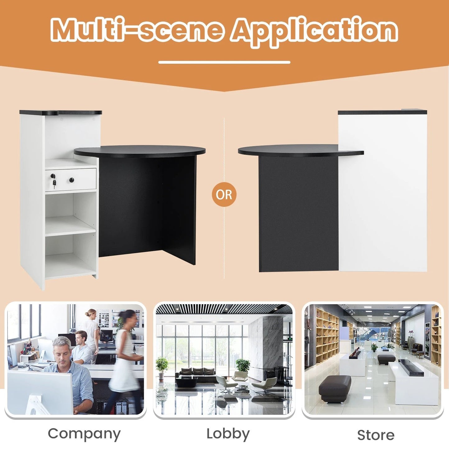Front Reception Office Desk with Open Shelf and Lockable Drawer-Black & White by DirectDeals