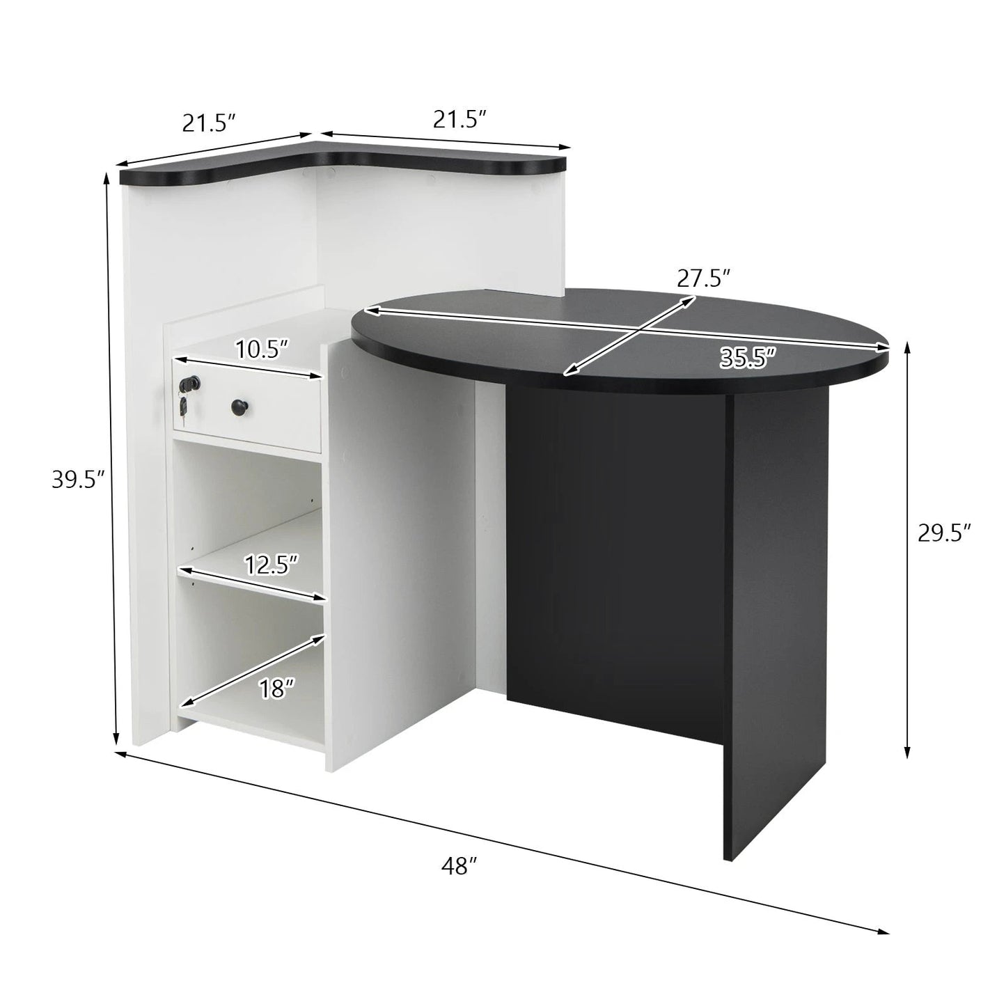 Front Reception Office Desk with Open Shelf and Lockable Drawer-Black & White by DirectDeals