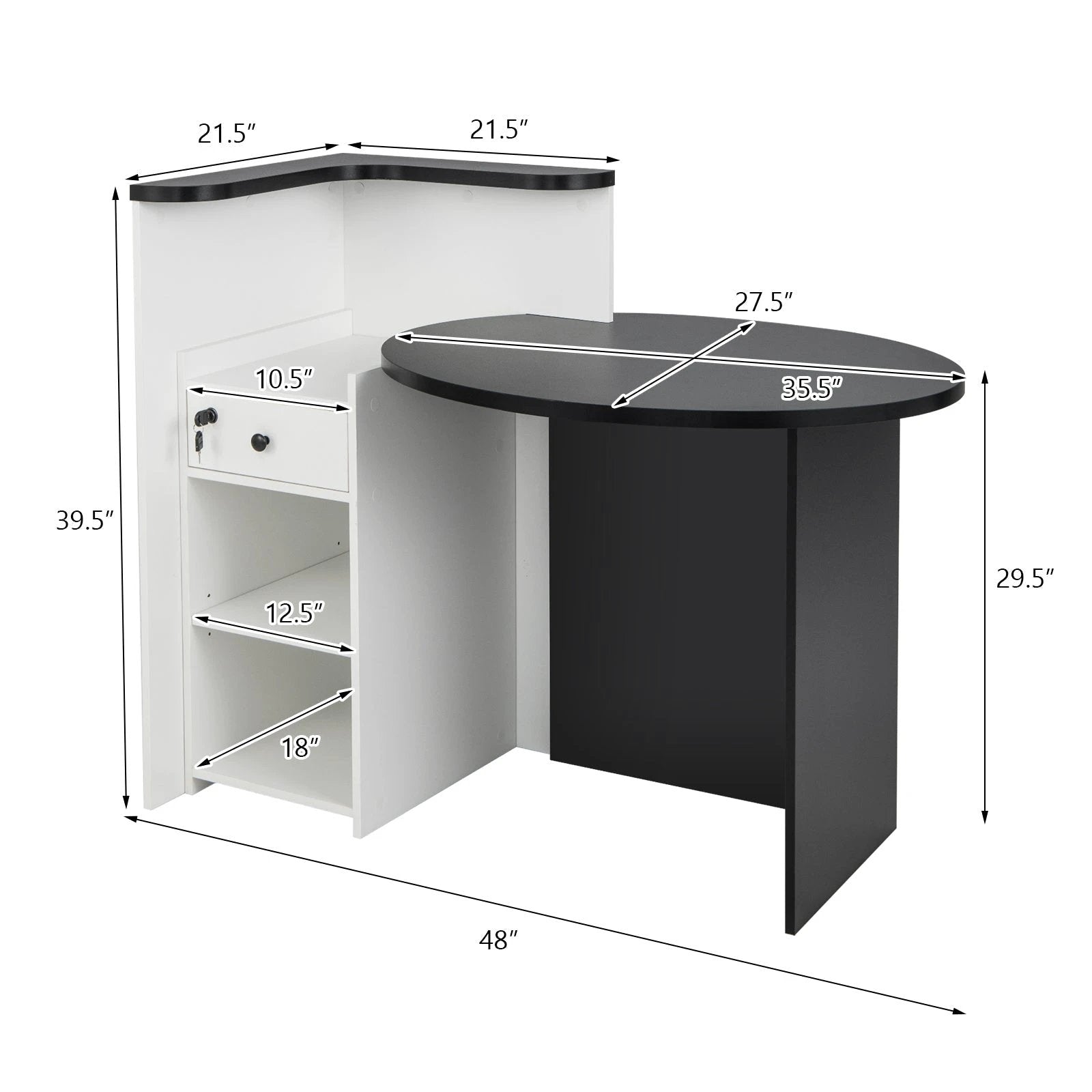 Front Reception Office Desk with Open Shelf and Lockable Drawer-Black & White by DirectDeals