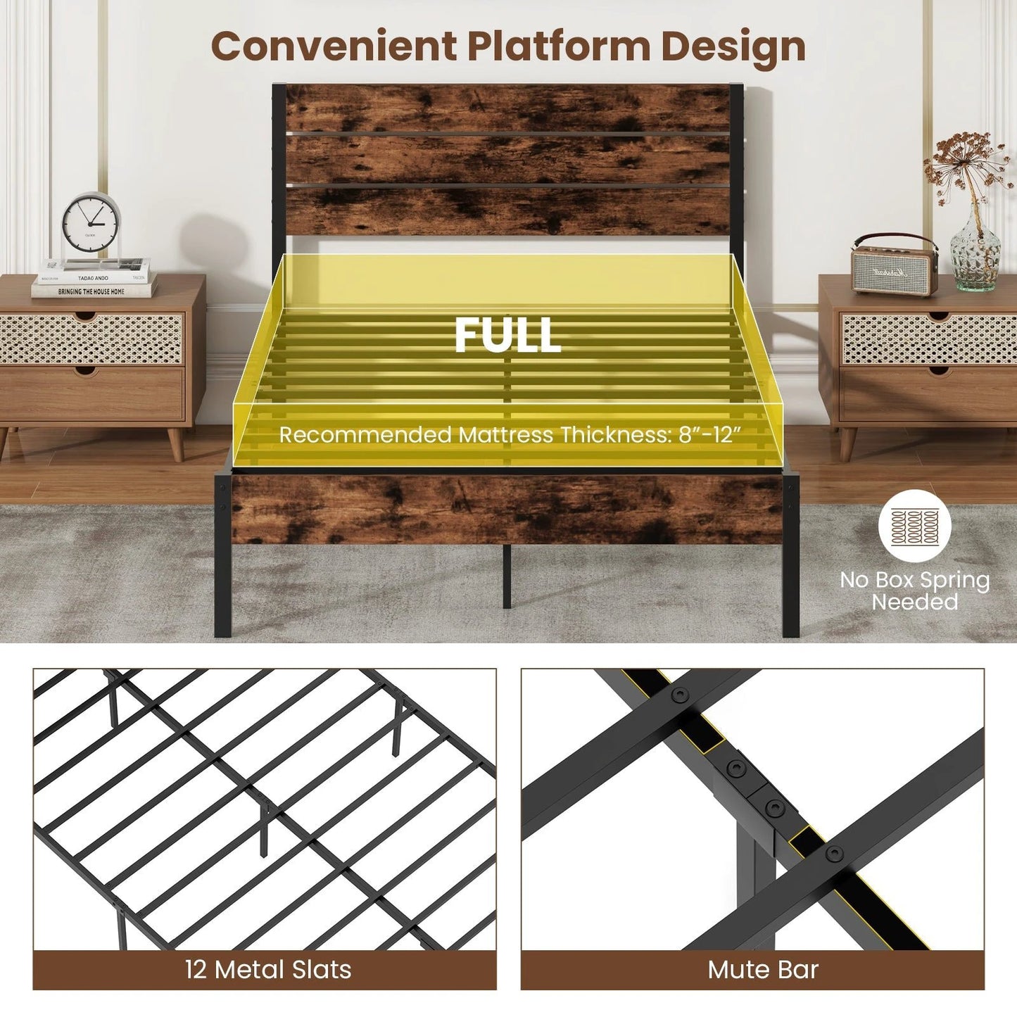 Full/King/Queen/Twin Size Bed Frame with High Headboard and Mute Bar-Full Size by DirectDeals