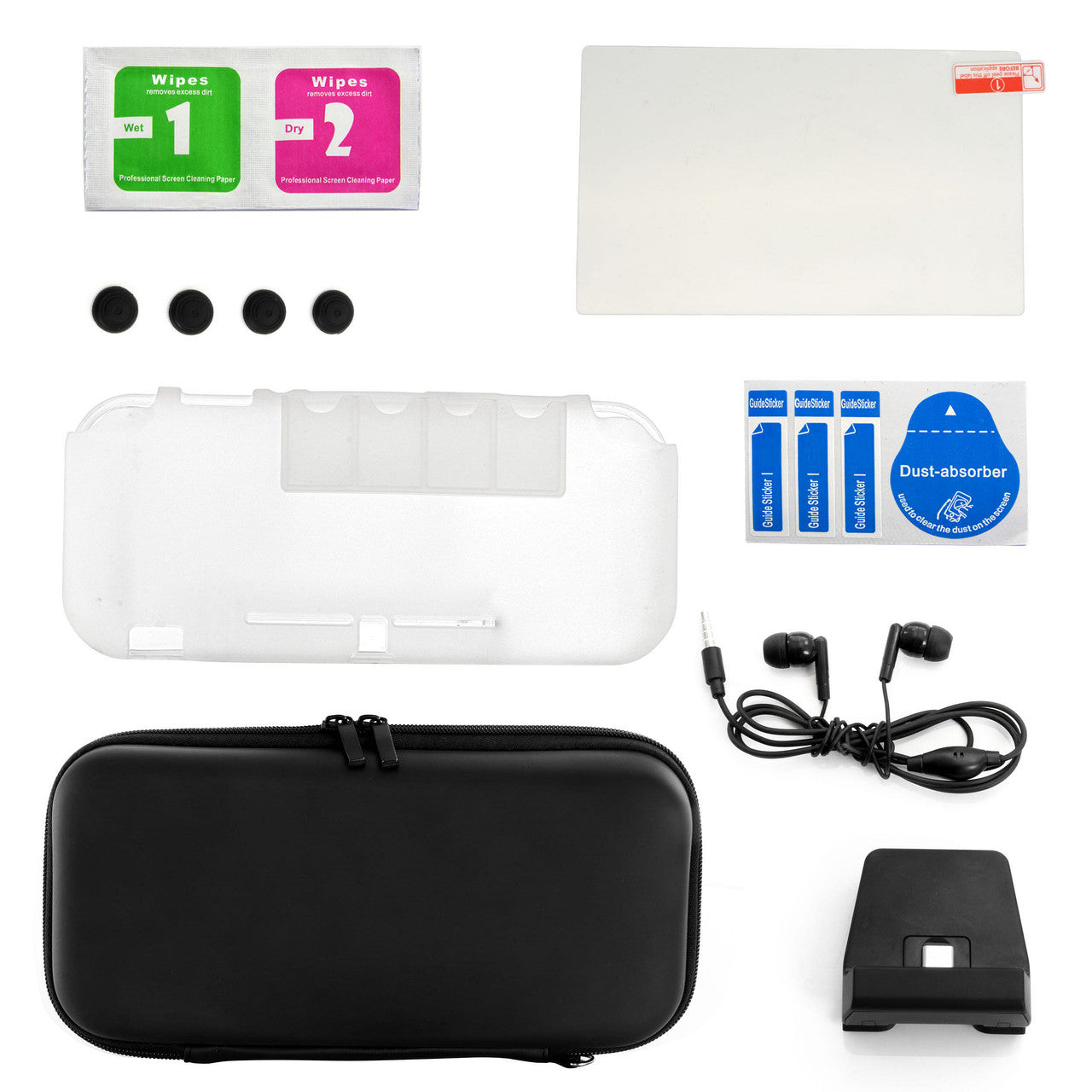 Collection of electronic cleaning and maintenance items including wipes, screen protector, earbuds, and a case on a white background.