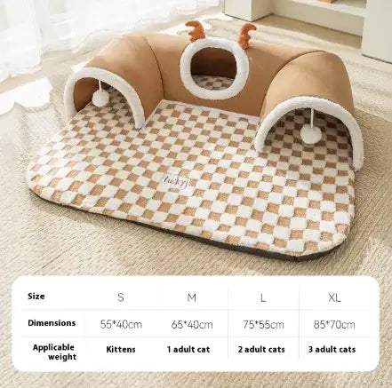 Pet bed with checkered design and dimensions displayed