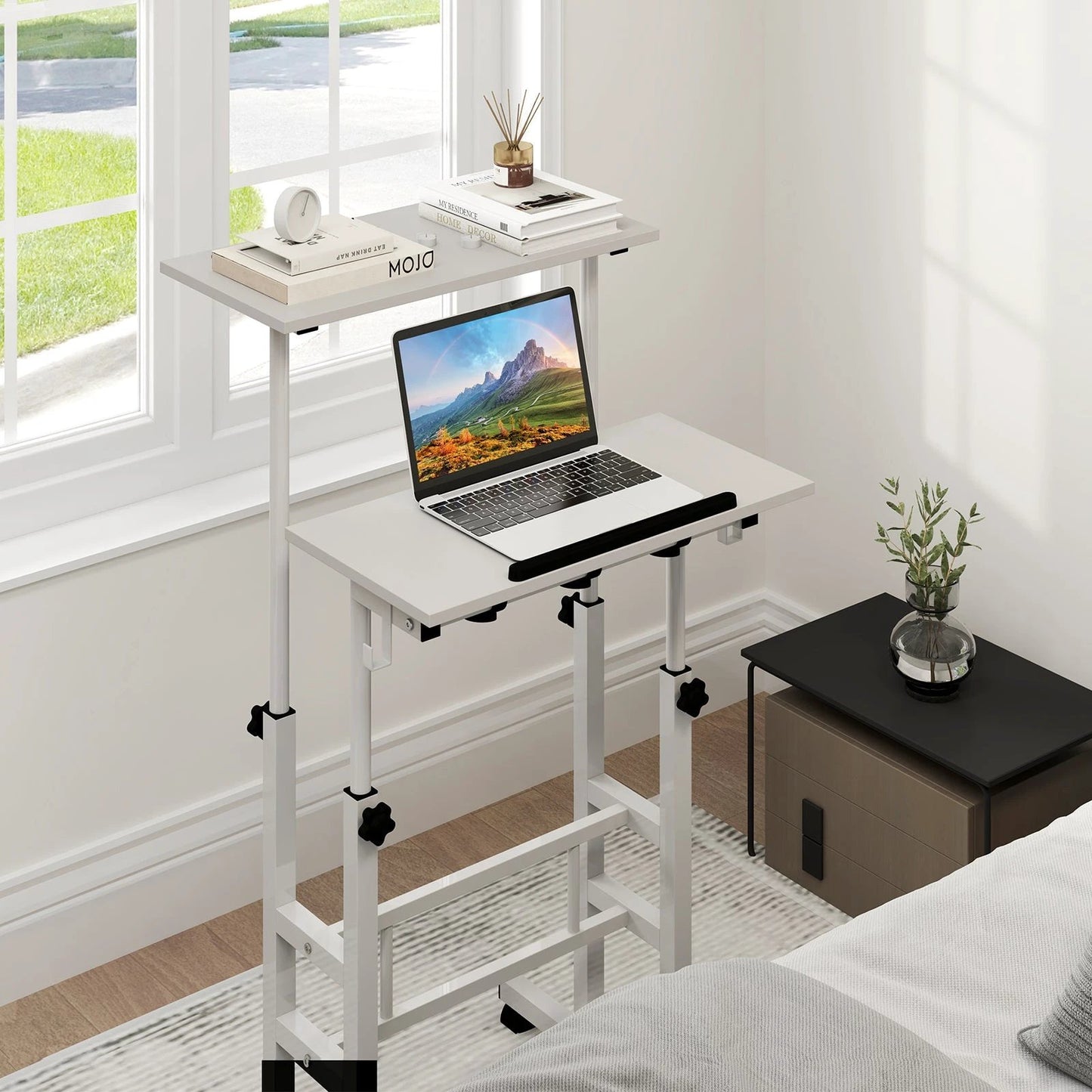 Mobile Standing Desk Height-Adjustable Laptop Cart with Split Top and Hanging Hooks-White by DirectDeals