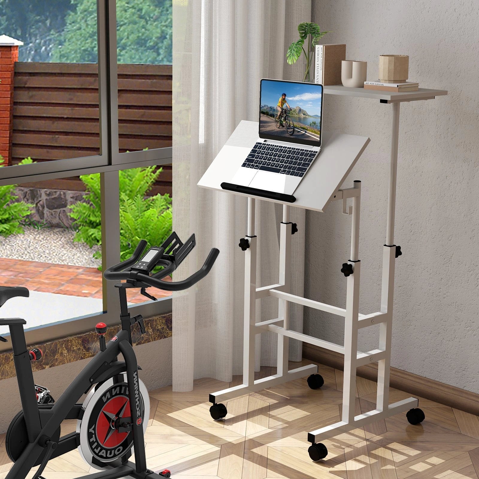 Mobile Standing Desk Height-Adjustable Laptop Cart with Split Top and Hanging Hooks-White by DirectDeals