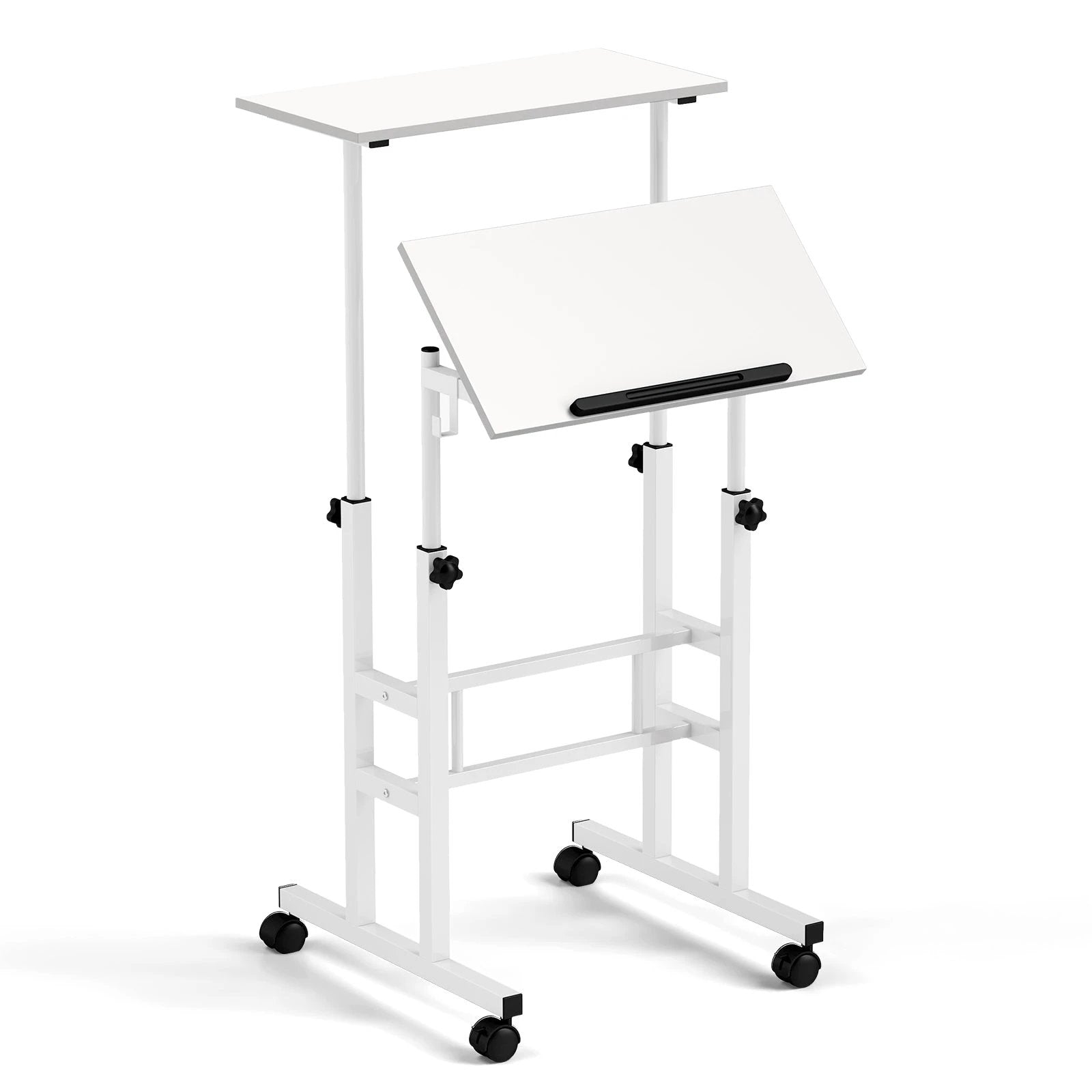 Mobile Standing Desk Height-Adjustable Laptop Cart with Split Top and Hanging Hooks-White by DirectDeals