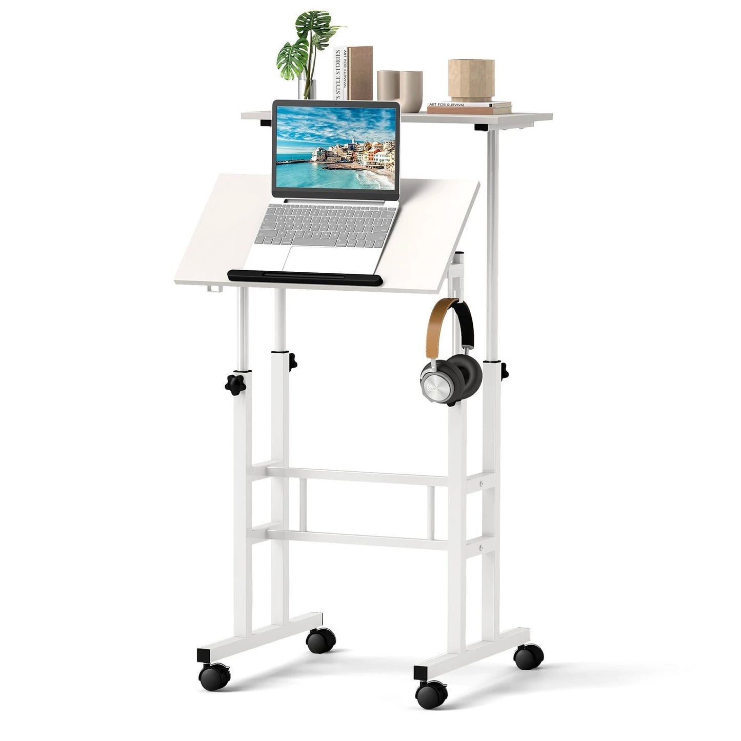 Mobile Standing Desk Height-Adjustable Laptop Cart with Split Top and Hanging Hooks-White by DirectDeals
