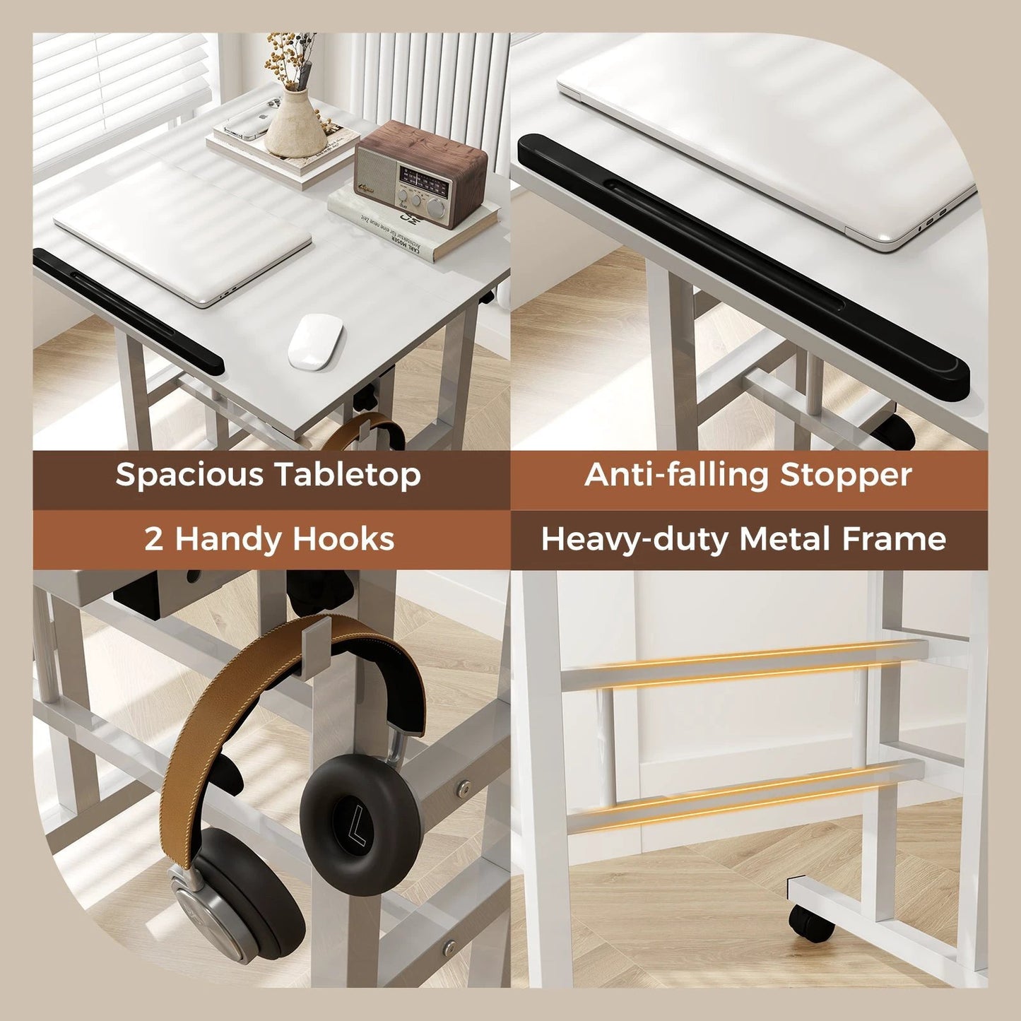 Mobile Standing Desk Height-Adjustable Laptop Cart with Split Top and Hanging Hooks-White by DirectDeals