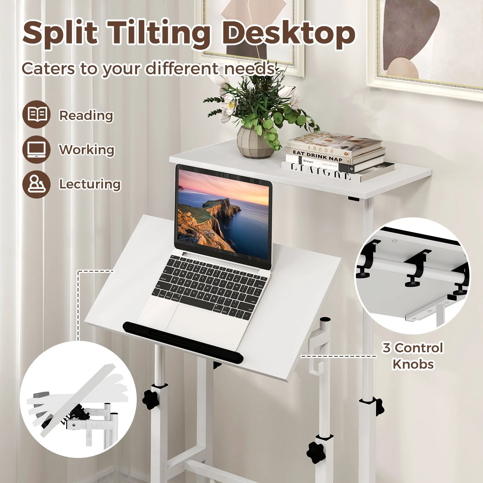 Mobile Standing Desk Height-Adjustable Laptop Cart with Split Top and Hanging Hooks-White by DirectDeals