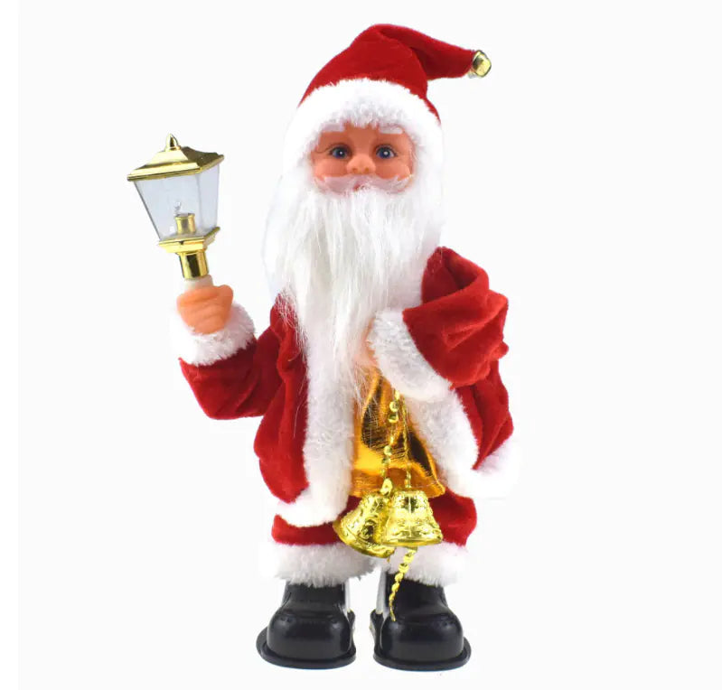 Santa Claus figurine holding a lantern on a white background