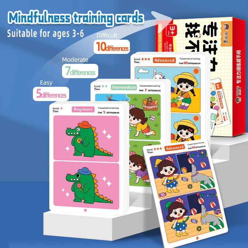 Mindfulness training cards with colorful illustrations on a blue background