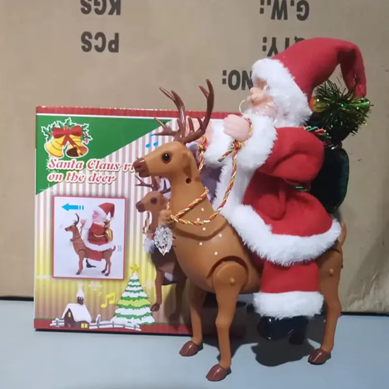 Santa Claus on a reindeer toy with packaging in the background
