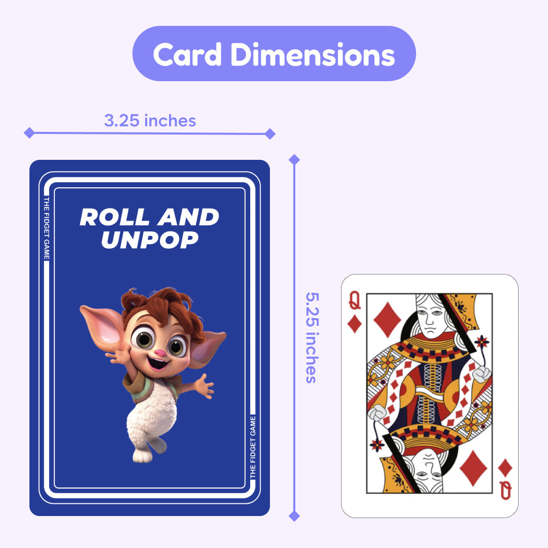 Card dimensions with 'Roll and Unpop' text and cartoon character on a blue card, next to a playing card with a queen illustration.